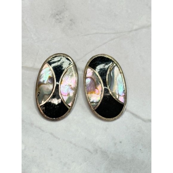 Unbranded Jewelry - Vintage Southwestern Inlaid Abalone and Onxy Alpaca Clip On Earrings Mexico